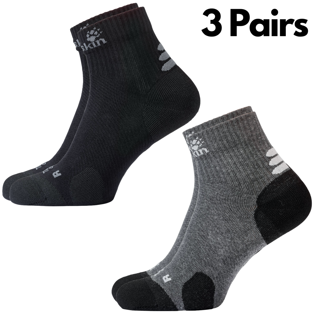 3x Jack Wolfskin Ankle Socks Travel Organic Cotton Mid Cut Hiking Trekking - Black