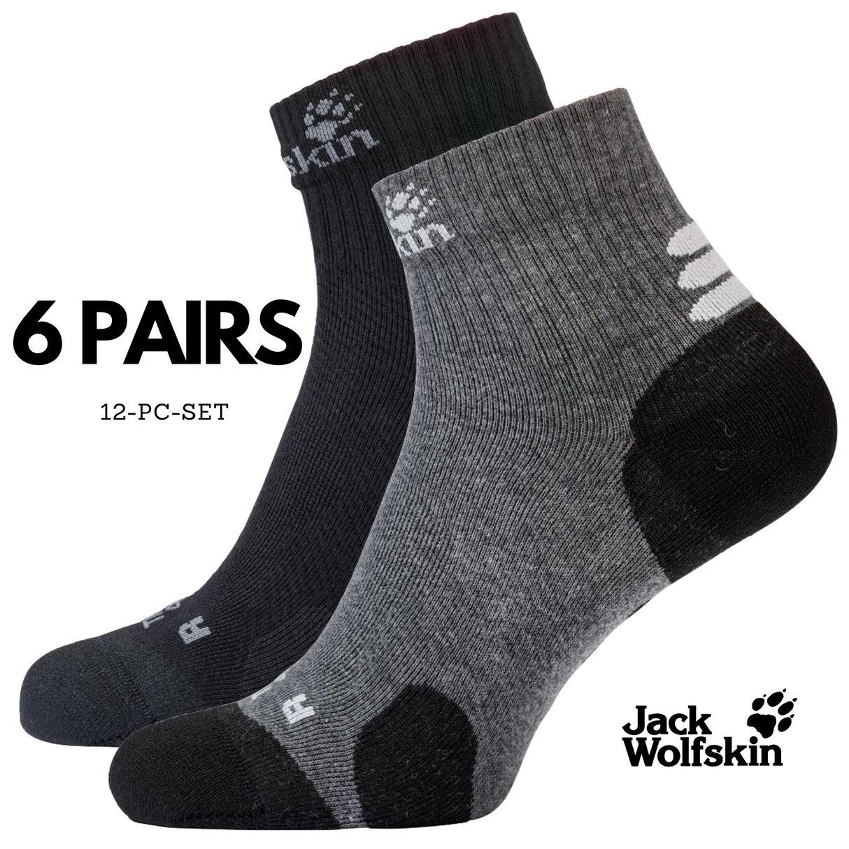 6 Pairs Jack Wolfskin Cotton Socks Travel Organic Mid Cut Hiking Trekking Ankle - Black