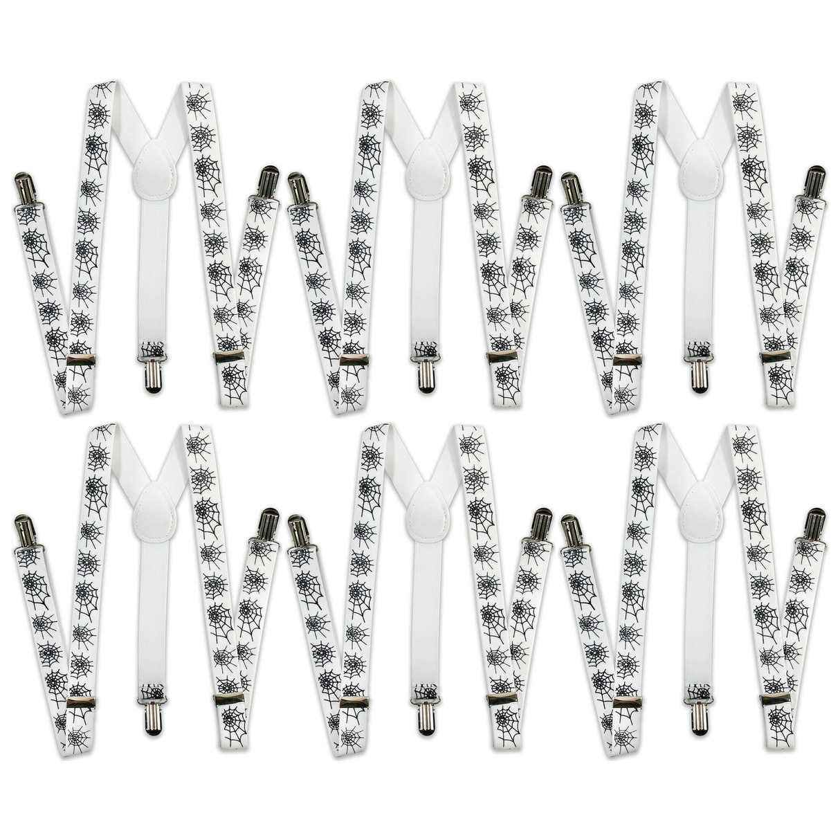 6x Mens Halloween White/Black Spider Suspenders Bulk Pack - Adjustable Clip On Braces for Weddings/Formals