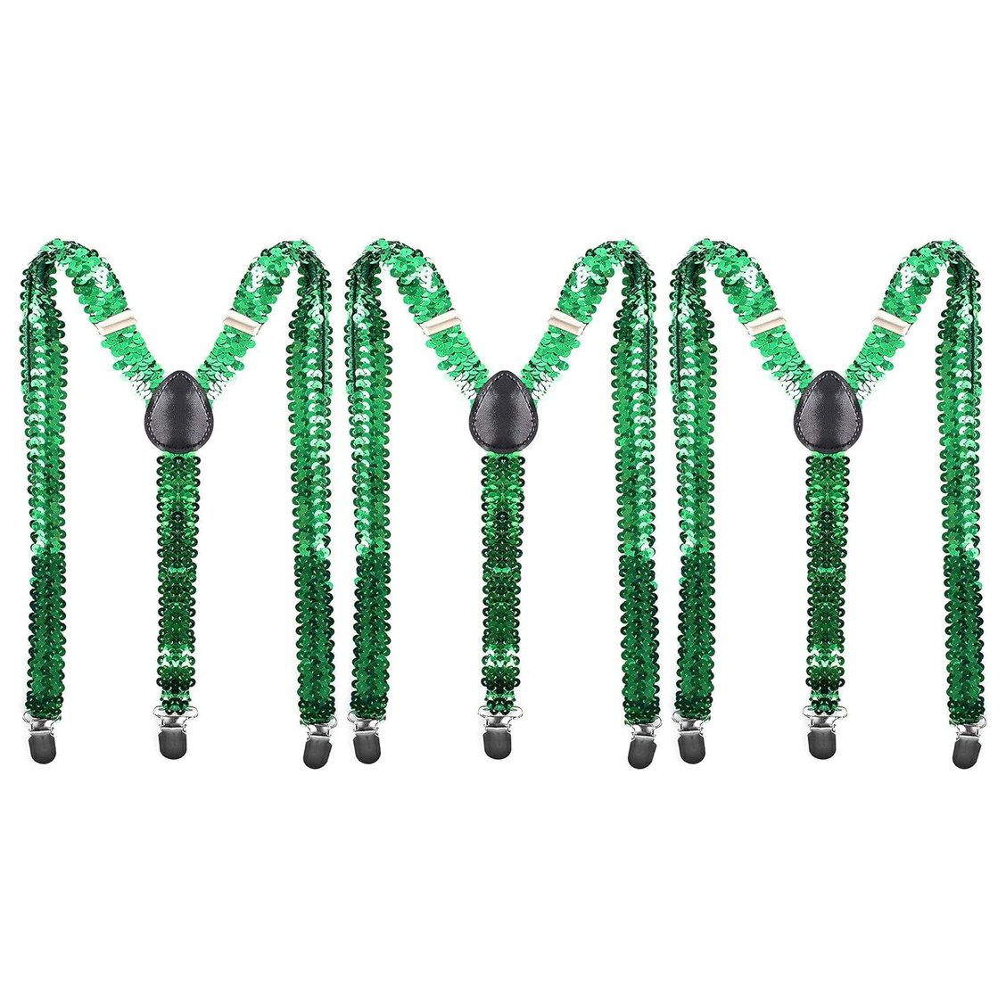 3x Unisex Green Sequin Suspenders Bulk Pack - Adjustable Clip On Y-Back Braces