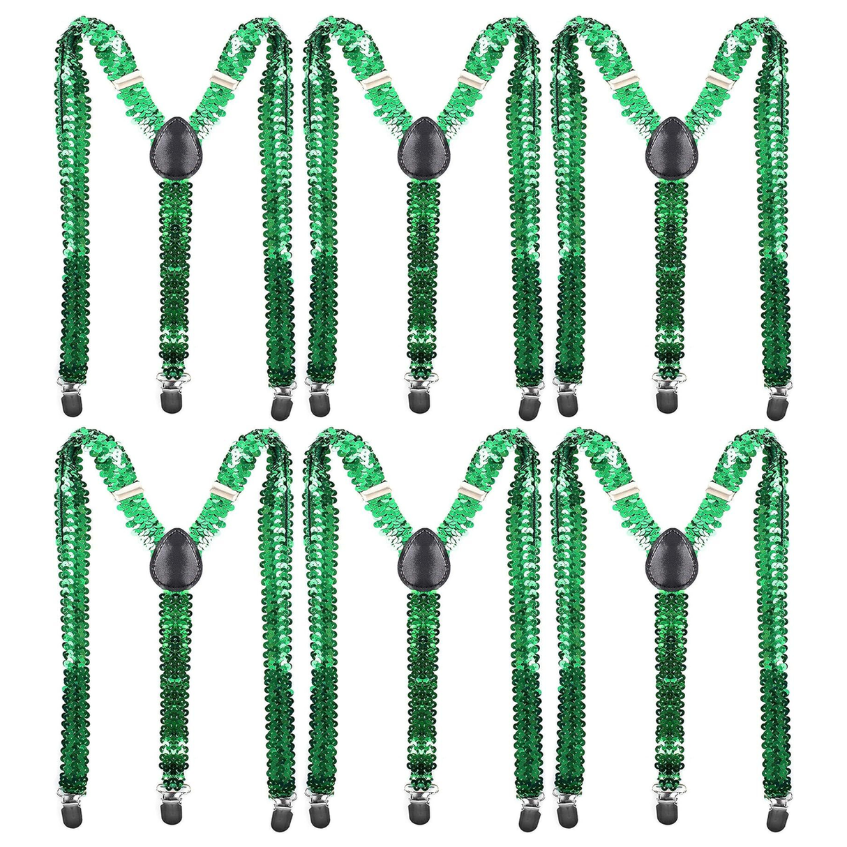 6x Unisex Green Sequin Suspenders Bulk Pack - Adjustable Clip On Y-Back Braces