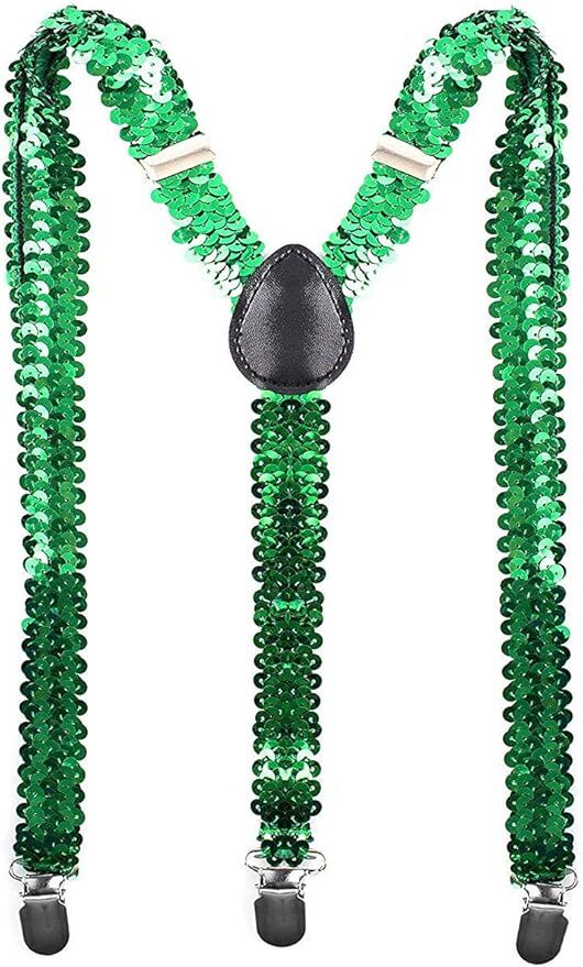 6x Unisex Green Sequin Suspenders Bulk Pack - Adjustable Clip On Y-Back Braces