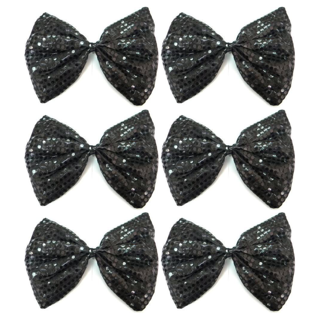 6x Black Large Sequin Polka Dots Bow Tie Bulk Pack - Fancy Dress Costume Party