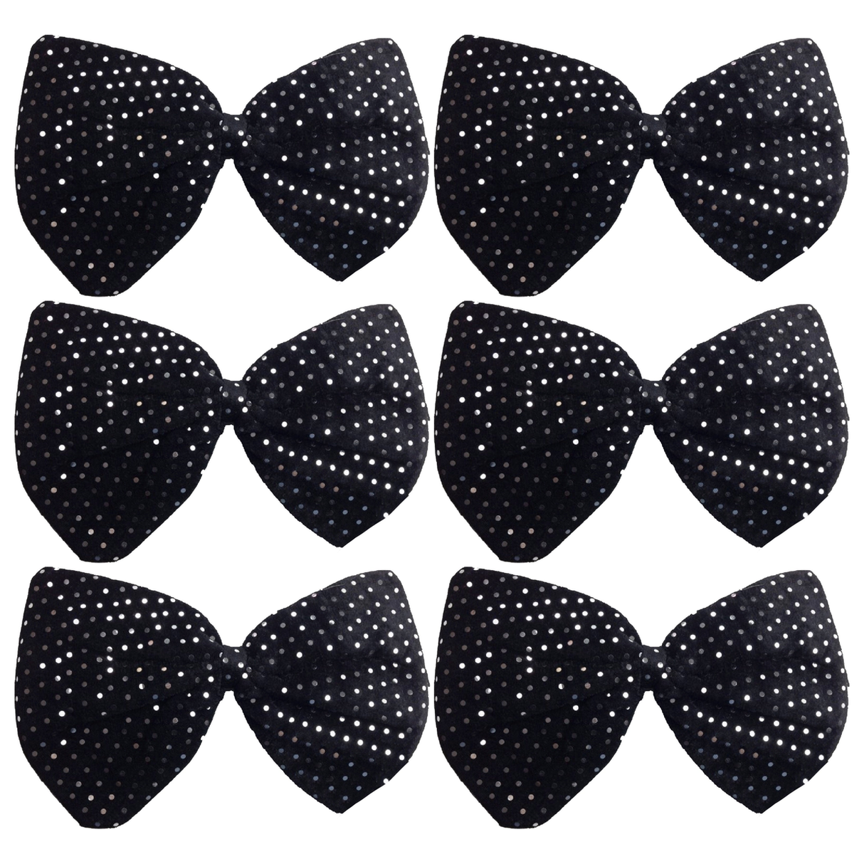 6x Black/Silver Large Sequin Polka Dots Bow Tie Bulk Pack - Fancy Dress Costume Party
