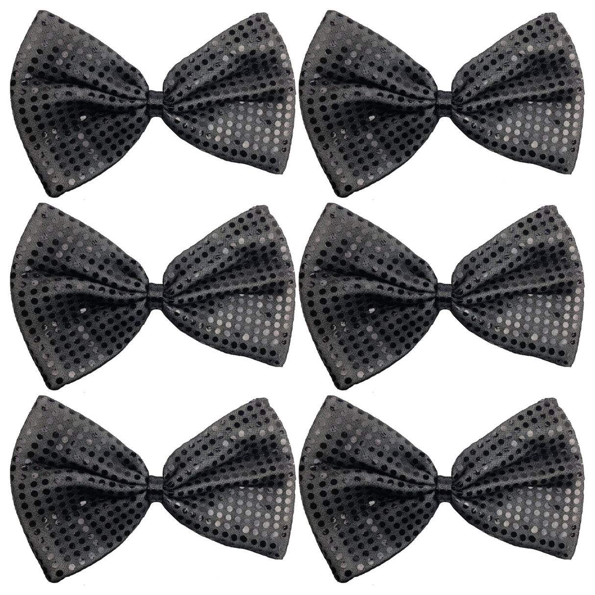 6x Grey/Black Large Sequin Polka Dots Bow Tie Bulk Pack - Fancy Dress Costume Party