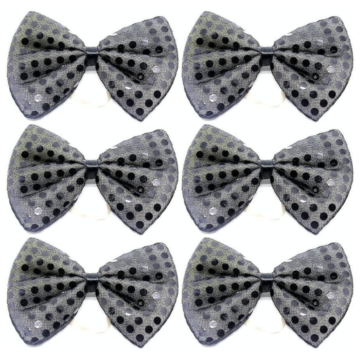 6x Black Sequin Polka Dots Bow Tie Bulk Pack - Fancy Dress Clown Costume Party