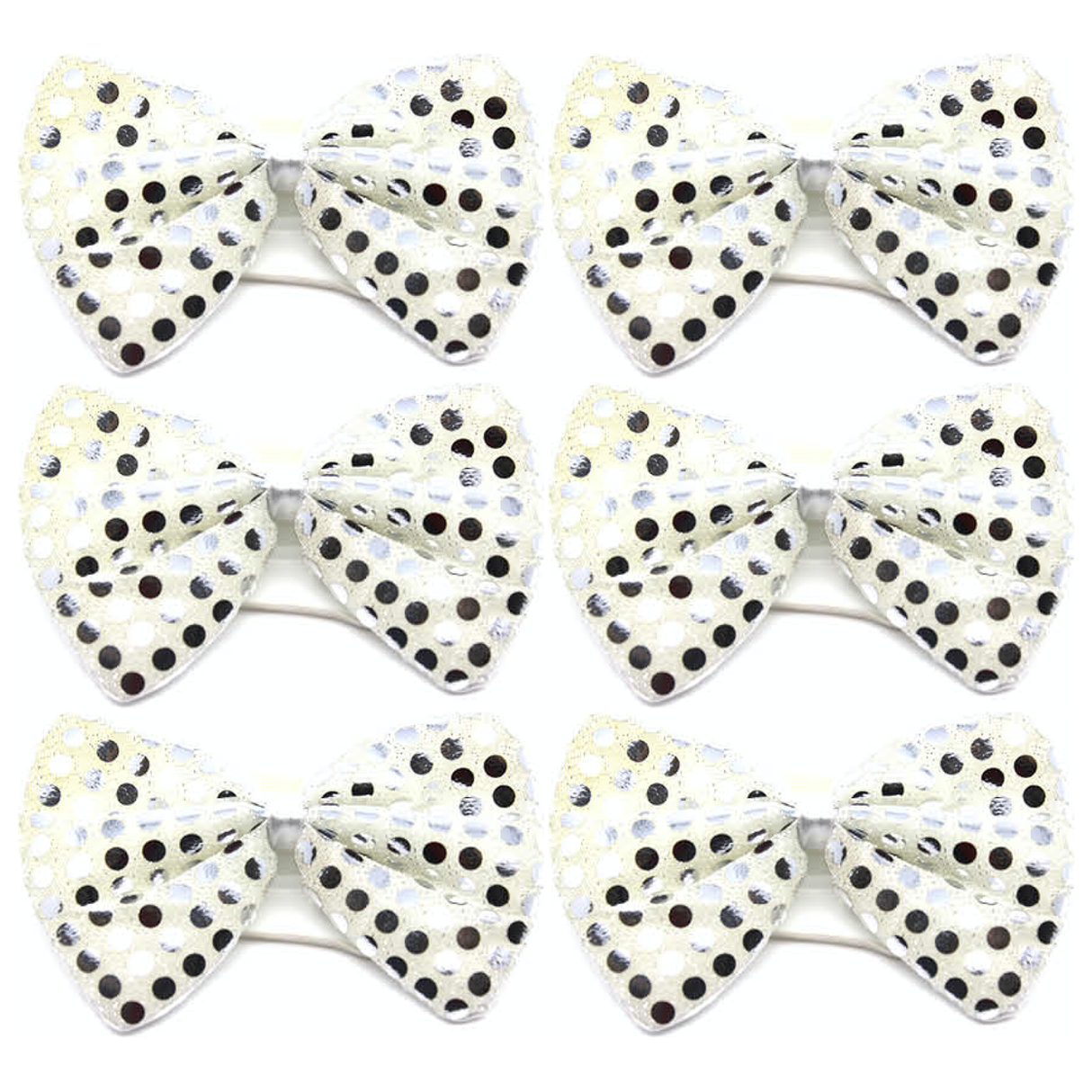 6x White/Silver Sequin Polka Dots Bow Tie Bulk Pack - Fancy Dress Clown Costume Party