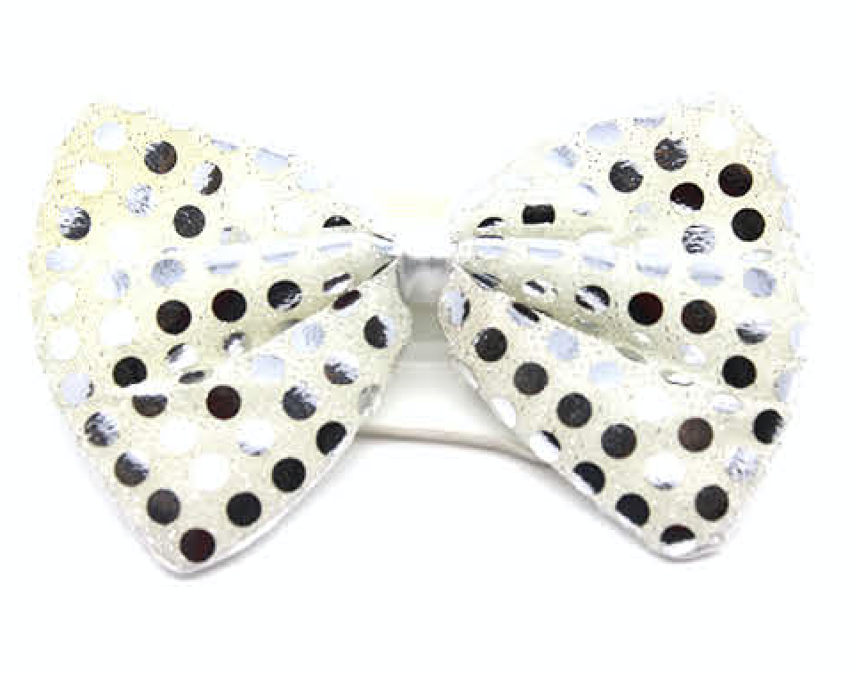 SEQUIN BOW TIE Polka Dots Bowtie Party Unisex Costume 13cm x 9cm Clown - White/Silver