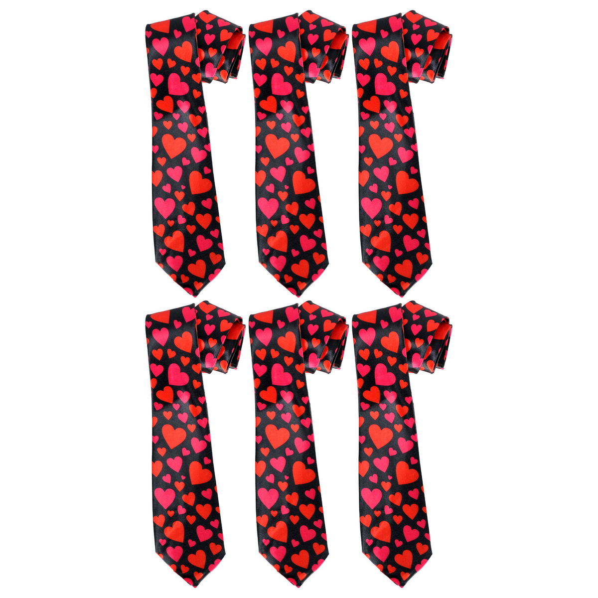 6x Long Love Hearts Novelty Tie Bulk Pack - Black/Red/Pink (Mens Valentines Day Gift)