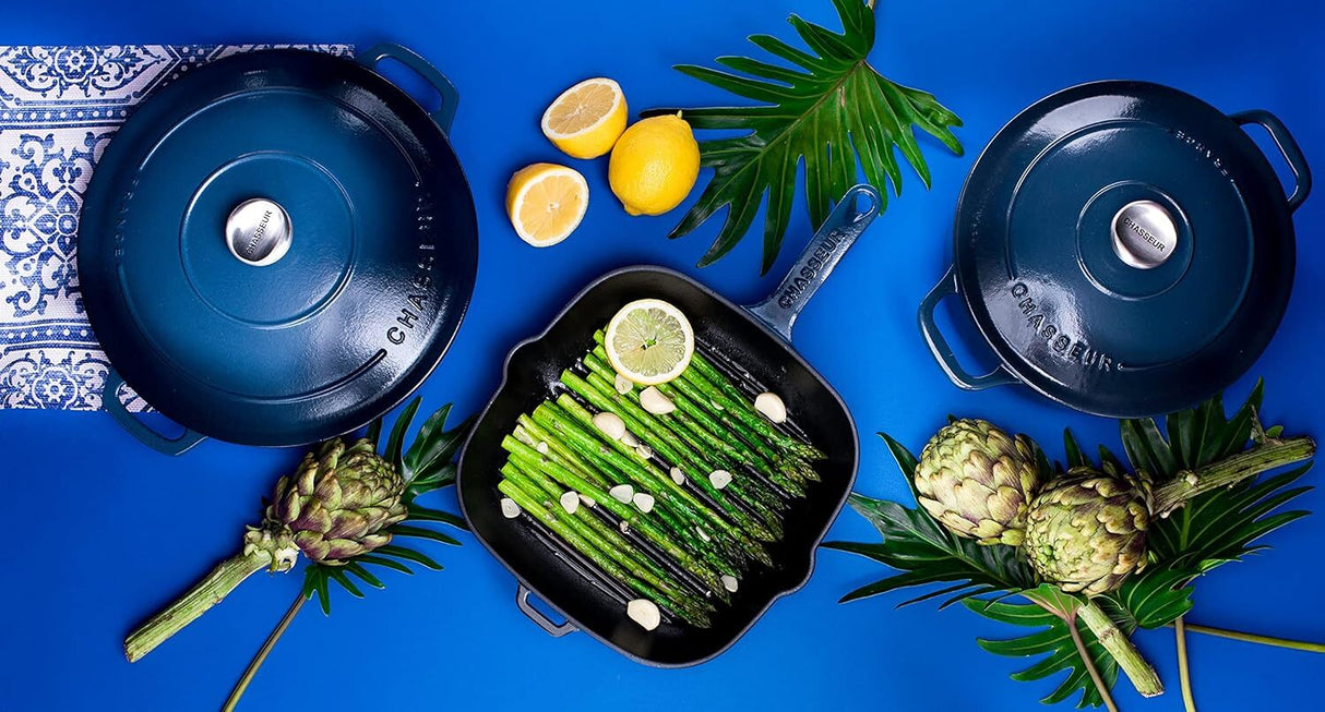 Chasseur Square Grill Frying Pan (Cast Iron) 25cm in Liquorice Blue