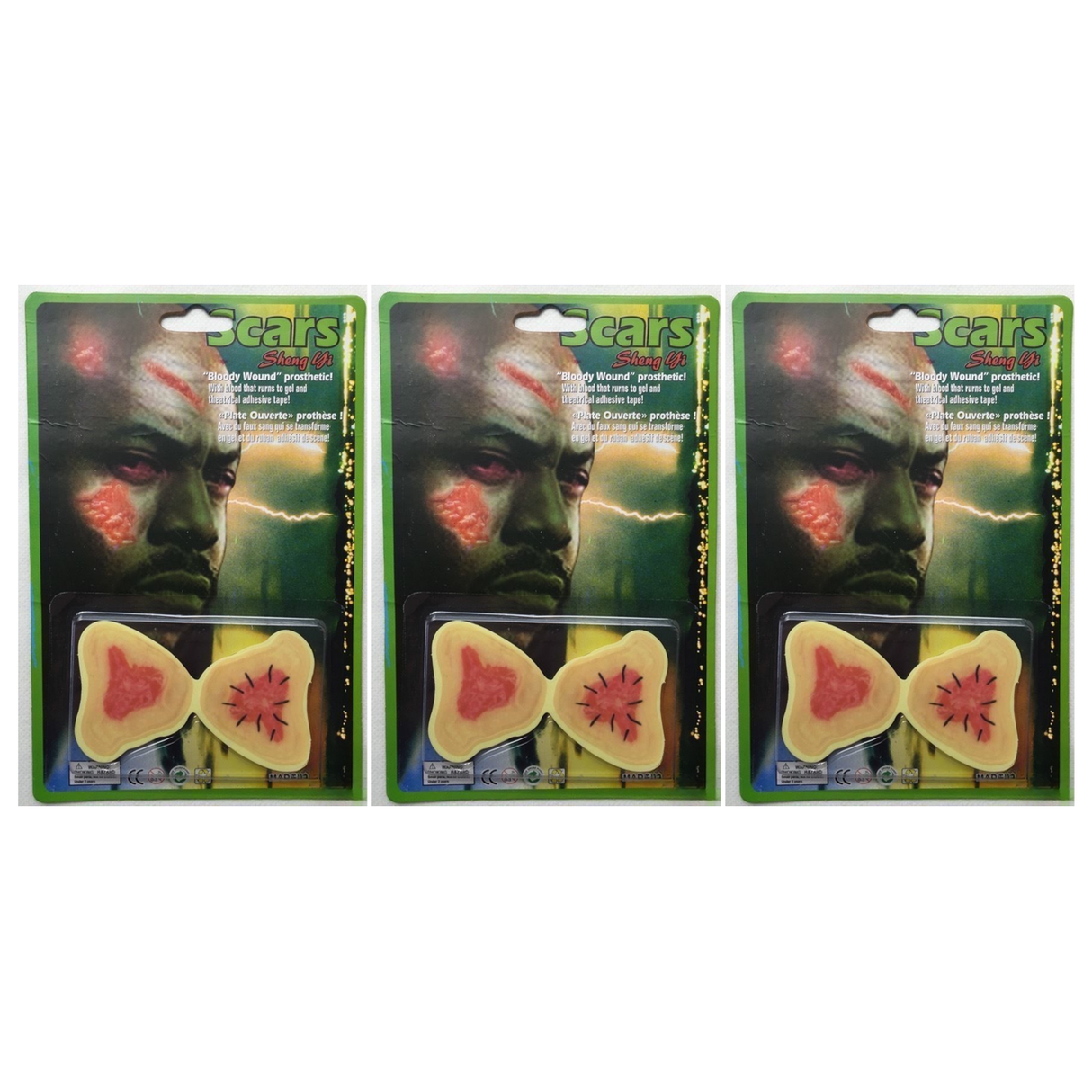 3x Fake Bloody Wound Scars Pack - Adhesive Halloween Make Up (Costume Accessory)