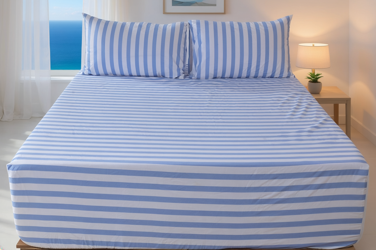 Coastal Bliss Pure Cotton Fitted Bed Sheet + Pillowcase Set