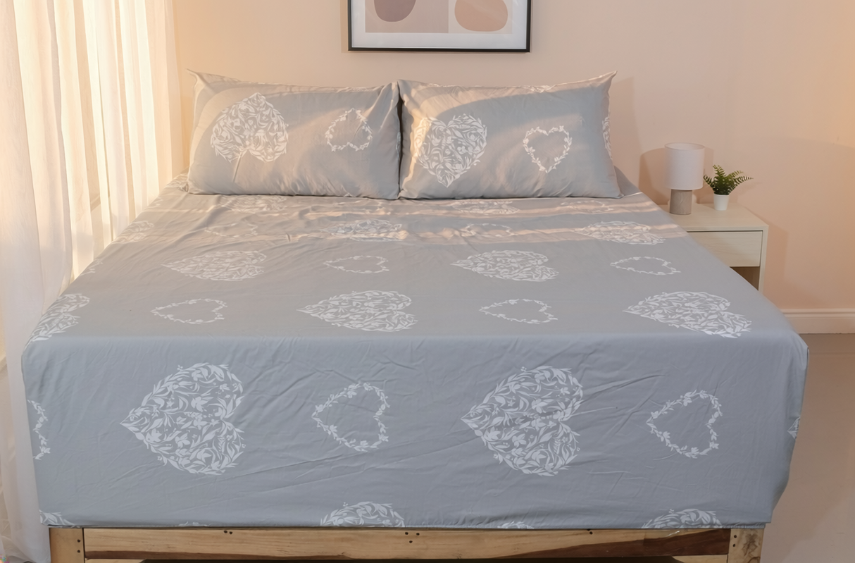 Damask Heart Pure Cotton Fitted Bed Sheet + Pillowcase Set