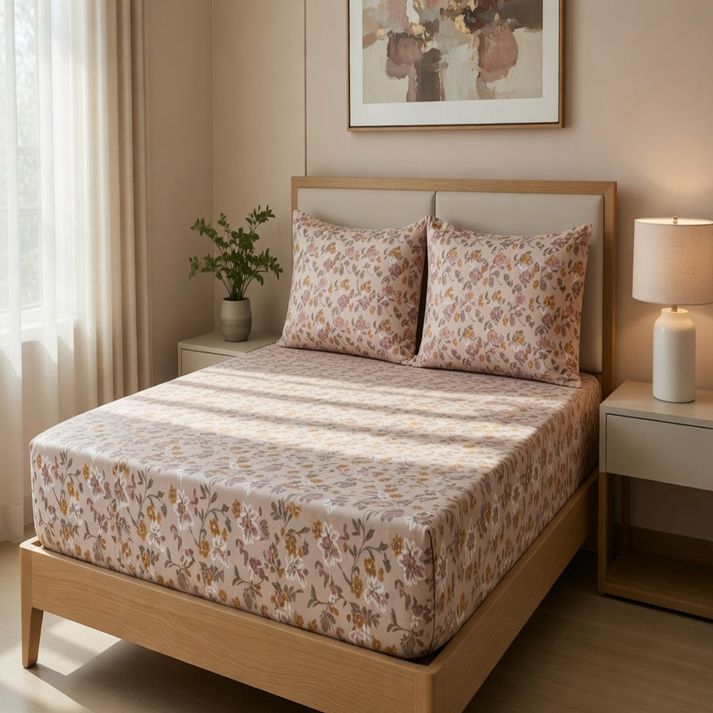 Downton Floral Pure Cotton Fitted Bed Sheet + Pillowcase Set