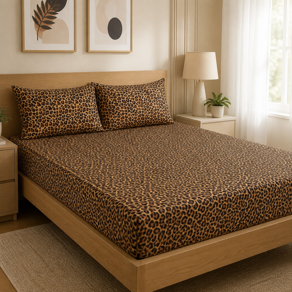 Glam Leopard Pure Cotton Fitted Bed Sheet + Pillowcase Set