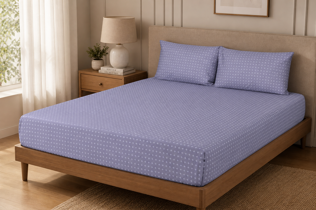 Hobart Mist Pure Cotton Fitted Bed Sheet + Pillowcase Set
