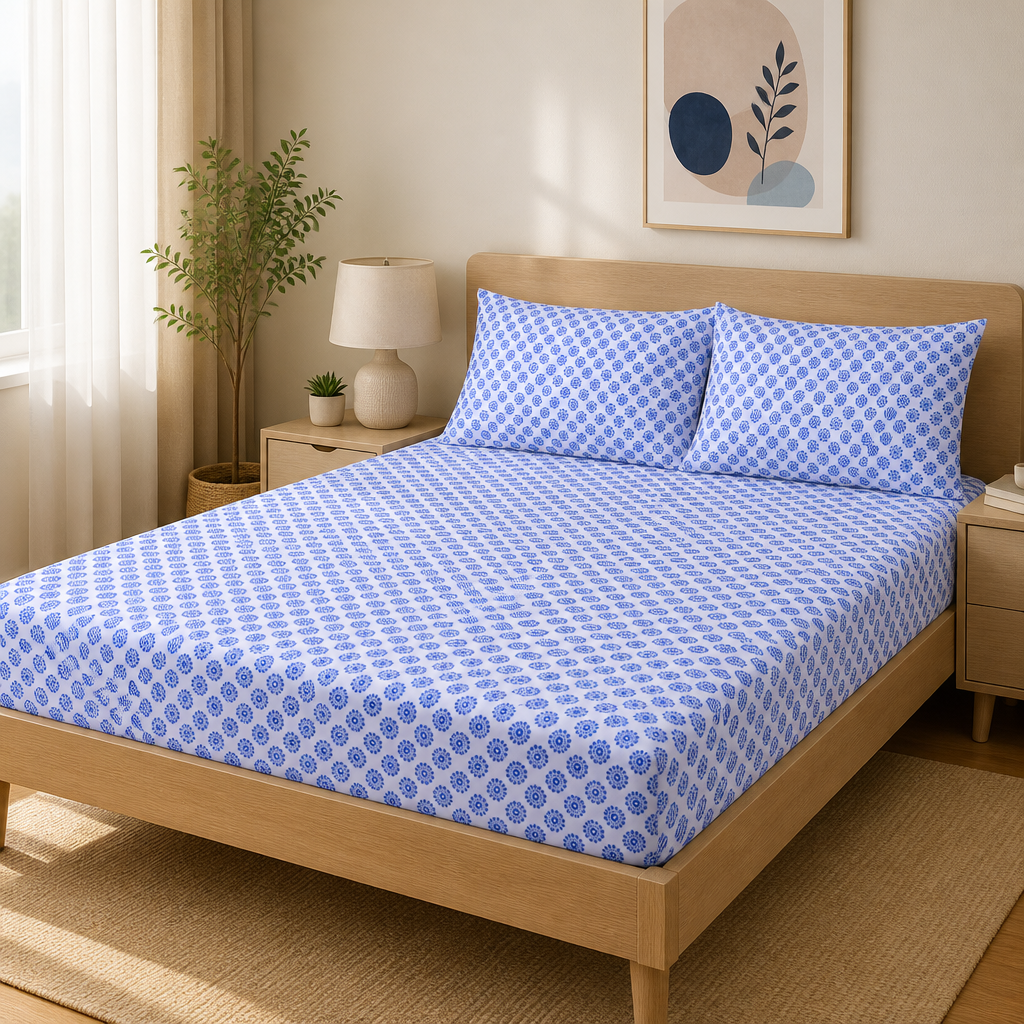Indi Pure Cotton Fitted Bed Sheet + Pillowcase Set