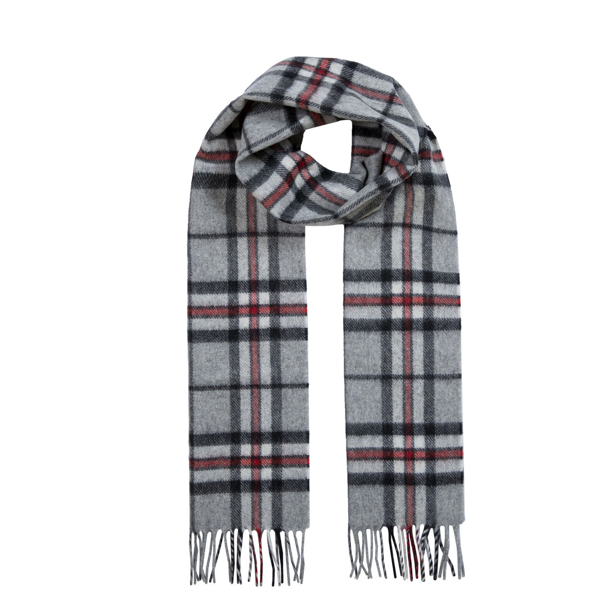 Dents Heritage Bold Check Cashmere Scarf - Silver (w/ Tassels & Gift Box)