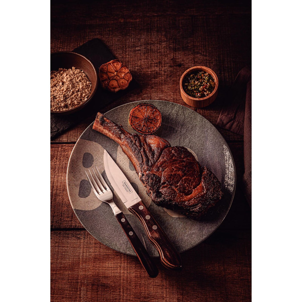 Tramontina 4pc Jumbo Steak Knife Set Polywood Dishwasher Safe in Brown