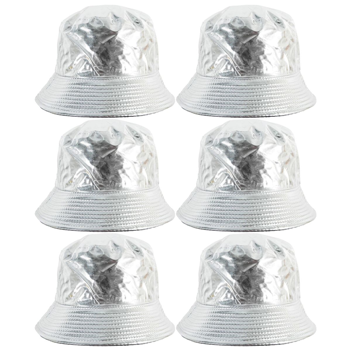 6x Silver Metallic Bucket Hat Bulk Pack - Festival & Party Costume