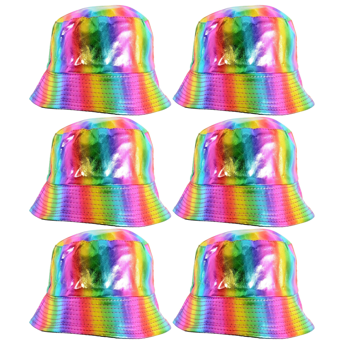 6x 90s Shiny Rainbow Holographic Metallic Bucket Hat Bulk Pack - Festival & Party Costume