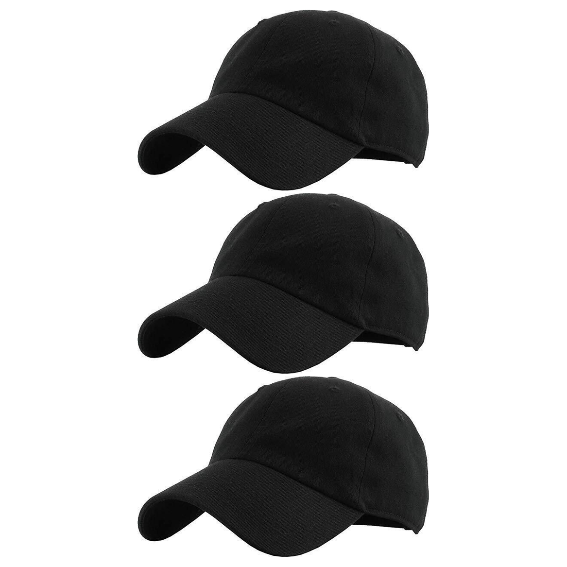 3x Plain Black Baseball Cap Pack - Adjustable One Size