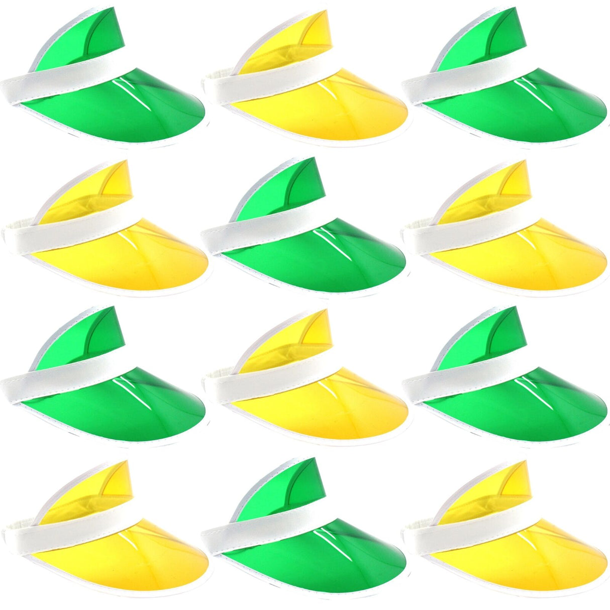 12x Yellow & Green Perspex Visor with White Rim Bulk Pack - Retro 80s Rave/Australia Day Hat