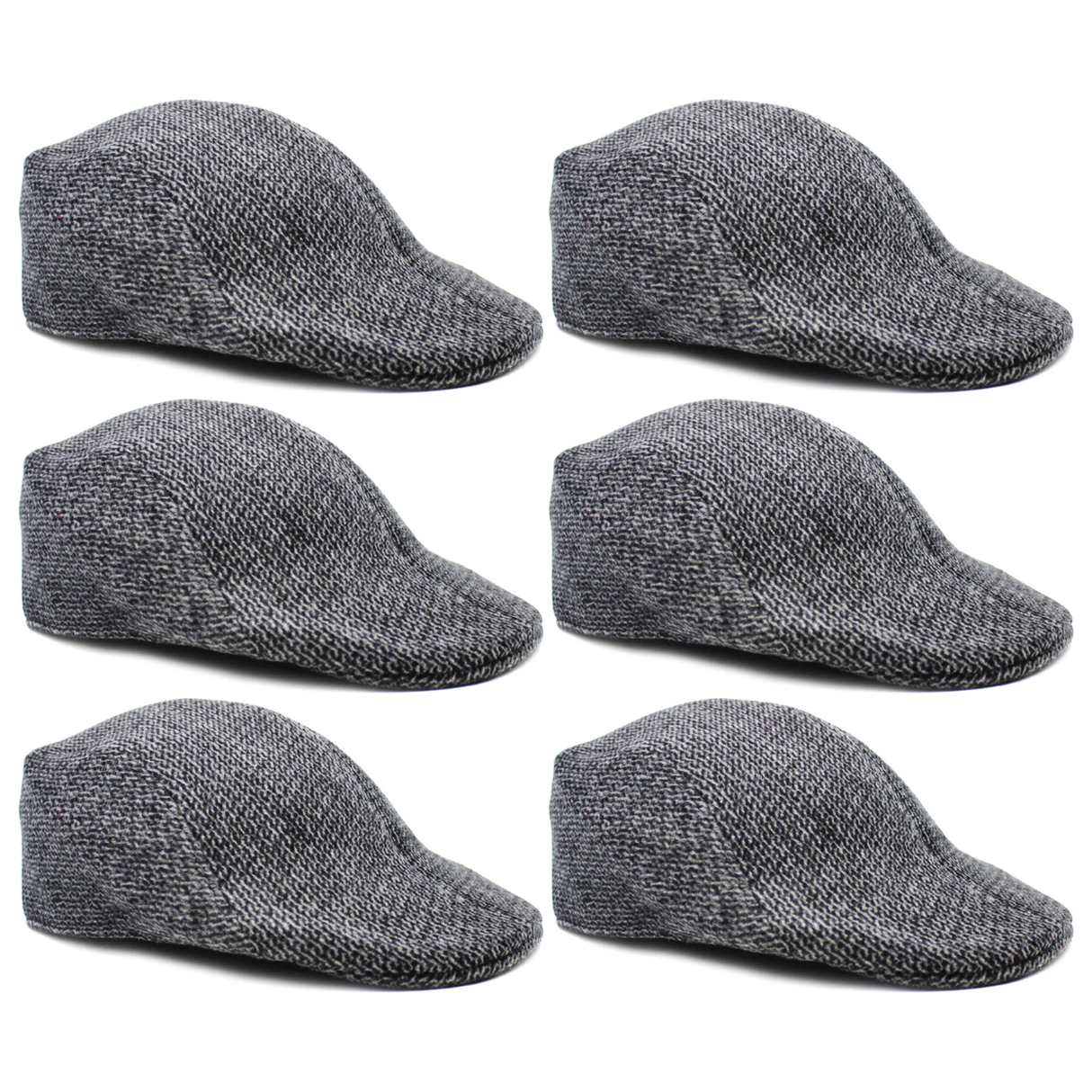6x Mens Herringbone Driving Cabbie Flat Cap Bulk Pack - Grey (Gatsby 20s Ivy Newsboy Hat)