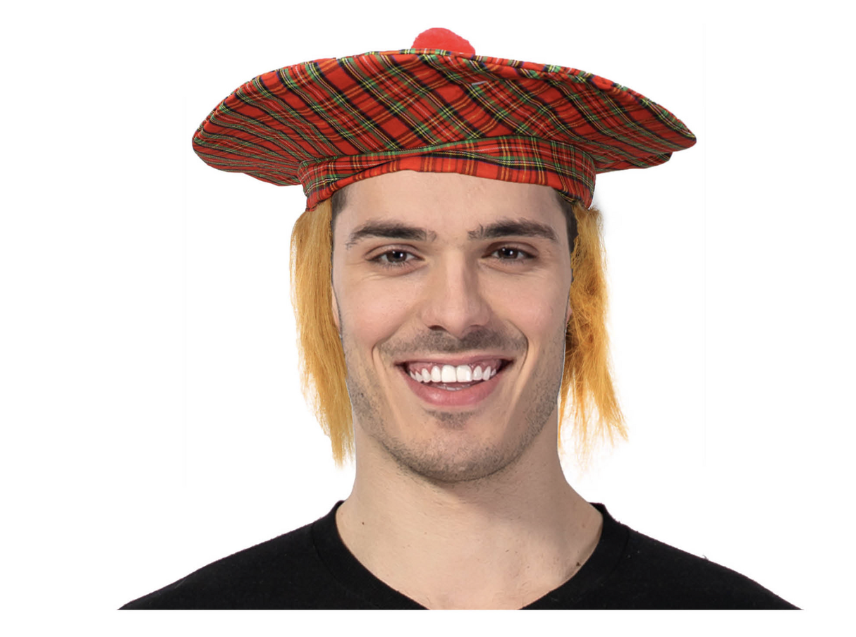 SCOTTISH HAT Tam O'Shanter - Fancy Dress Costume with Hair (Tartan)