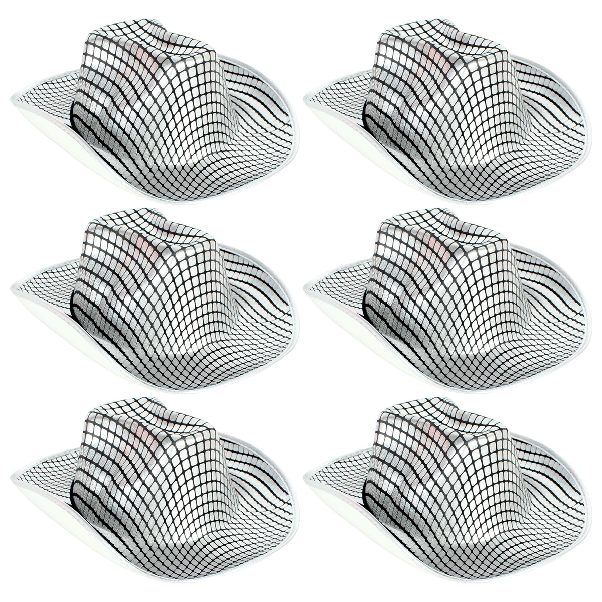 6x Metallic Disco Print Cowboy Hat Bulk Pack - Silver (Western Party Costume & Fancy Dress)