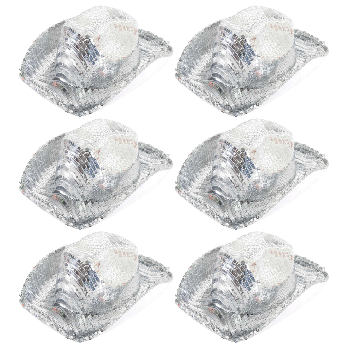 6x Sequin Disco Cowboy Hat Bulk Pack - Silver (Shiny Western Party Costume & Fancy Dress)