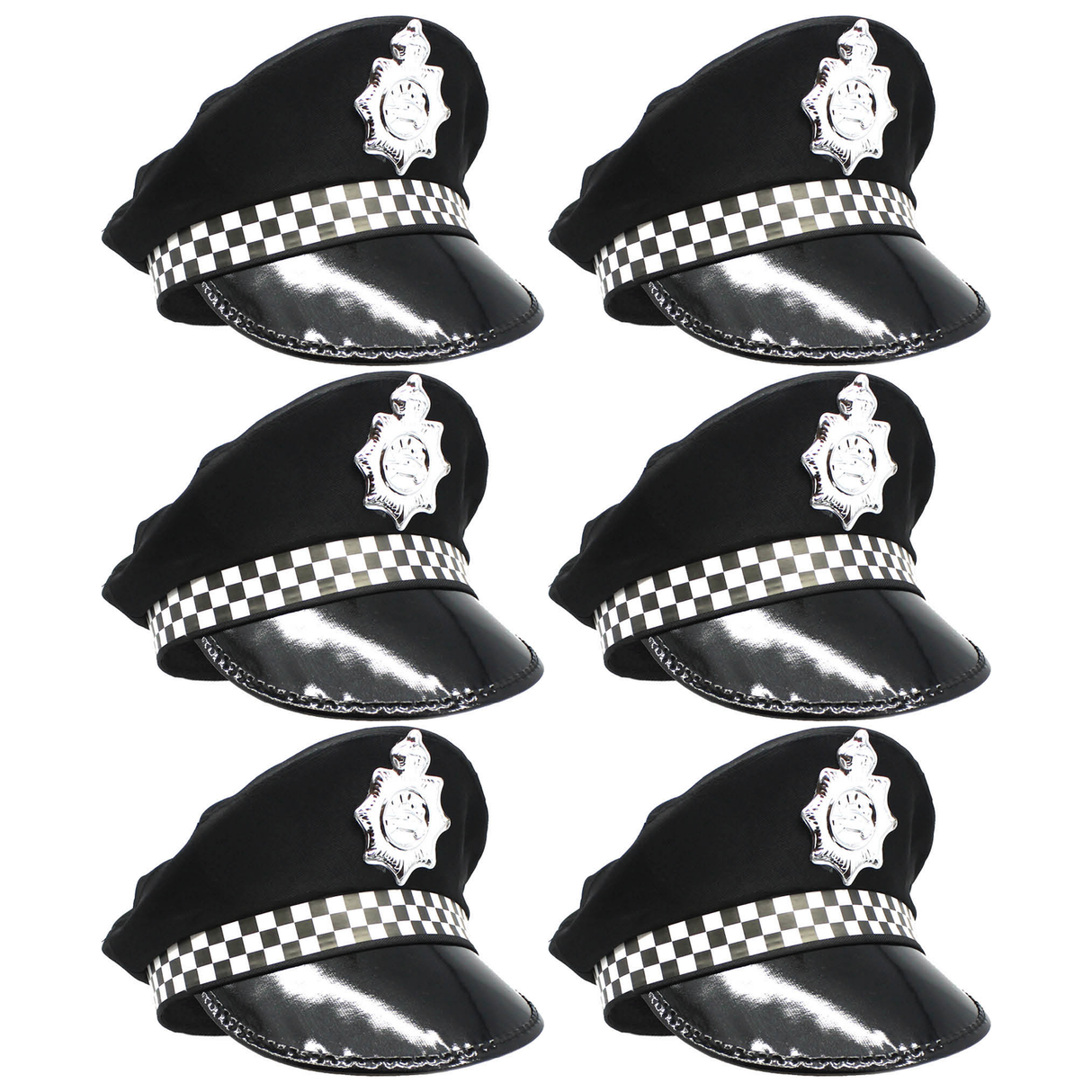 6x Black Police Officer/Pilot Cap Bulk Pack - Cop Costume (Book Week & Halloween Fancy Dress)