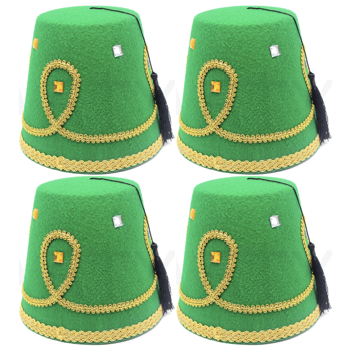 4x Deluxe Green Turkish Fez Hat w/ Gold Trim & Black Tassel Bulk Pack - Fancy Dress Party