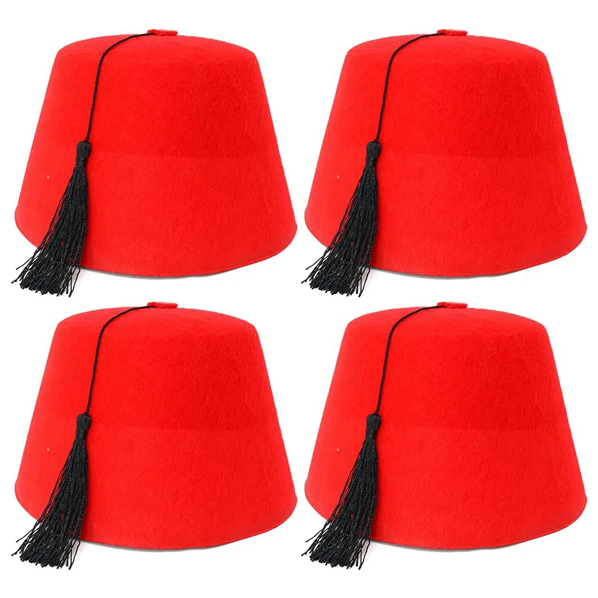 4x Red Moroccan Fez Hat w/ Black Tassel Bulk Pack - Fancy Dress Costume