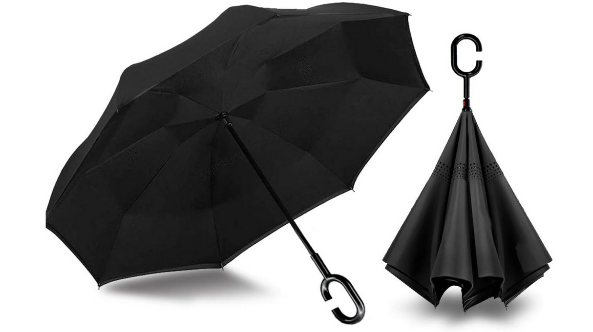 Reverse Umbrella Windproof Double Layer C-Handle Inverted Folding in Black