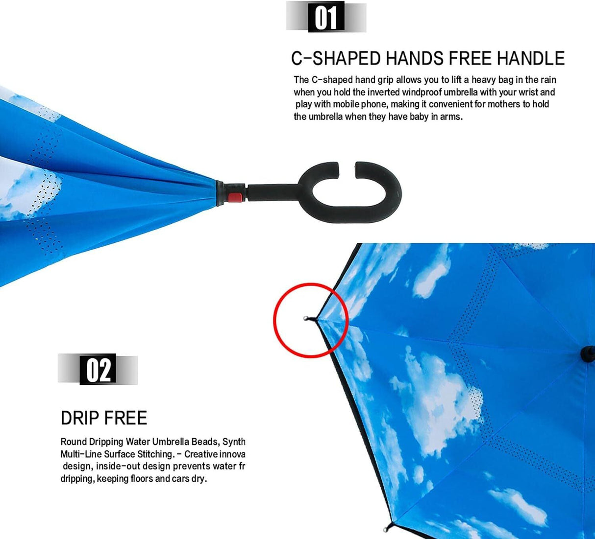 Reverse Umbrella Windproof Double Layer C-Handle Inverted Folding in Cloud Print