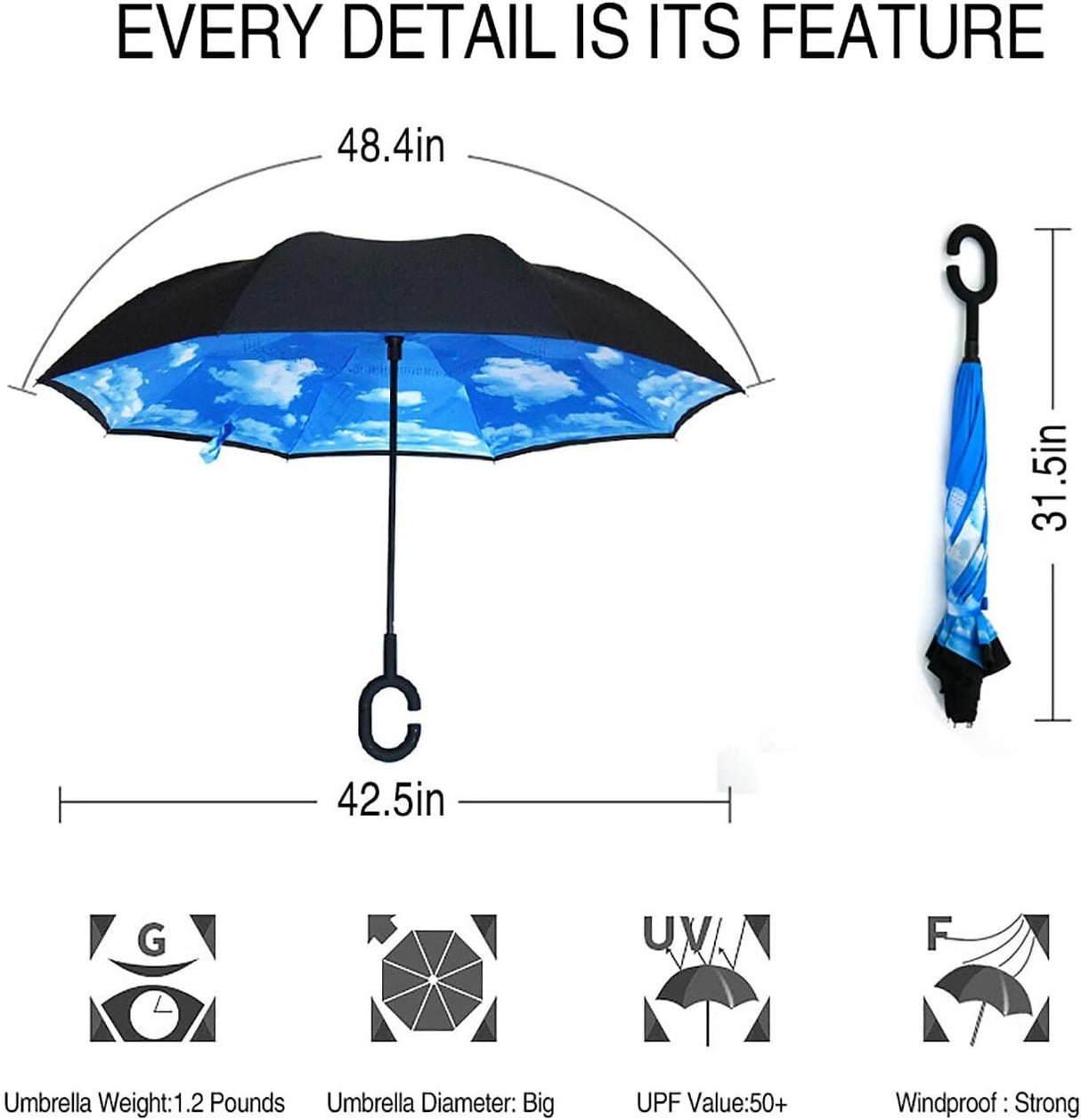 Reverse Umbrella Windproof Double Layer C-Handle Inverted Folding in Cloud Print