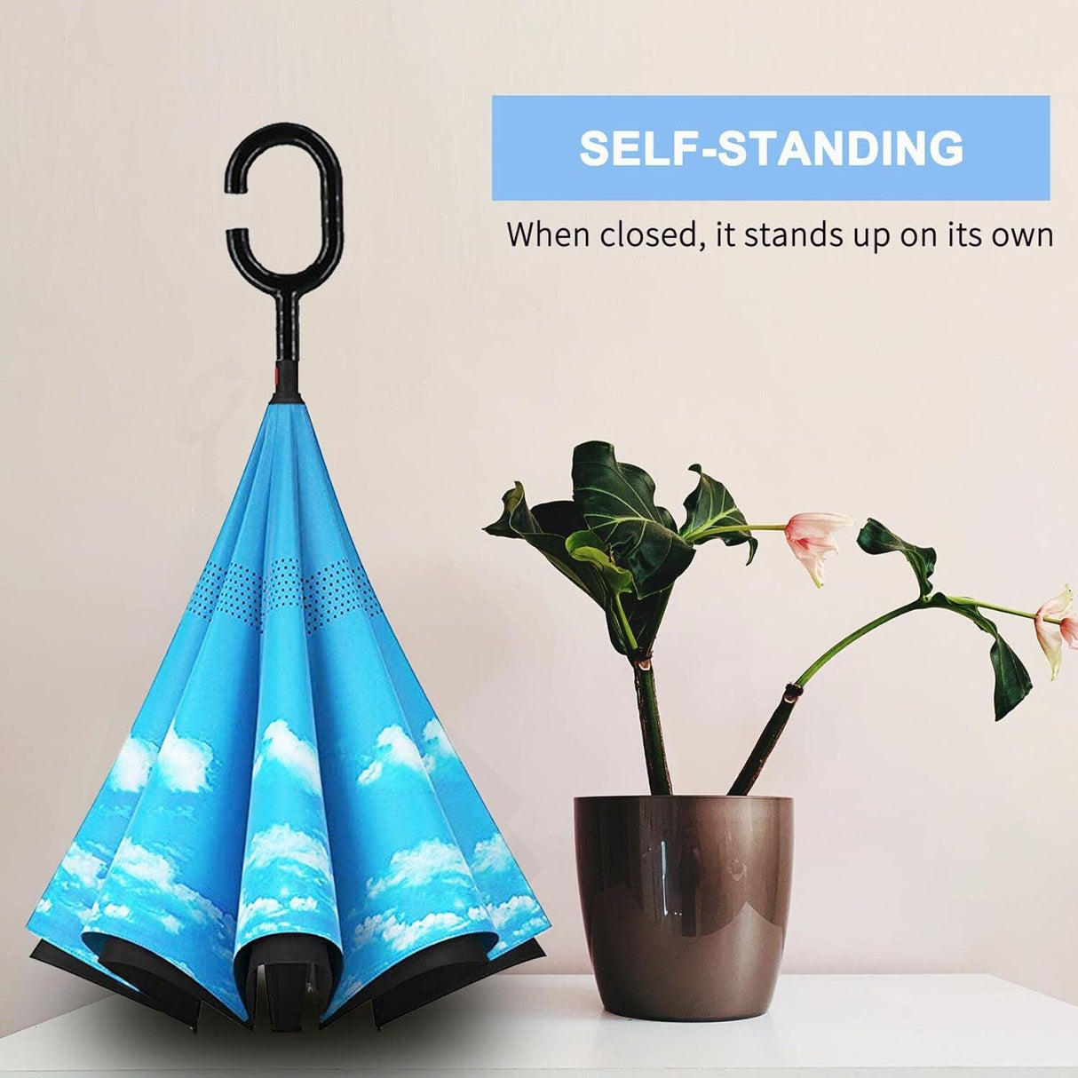 Reverse Umbrella Windproof Double Layer C-Handle Inverted Folding in Cloud Print