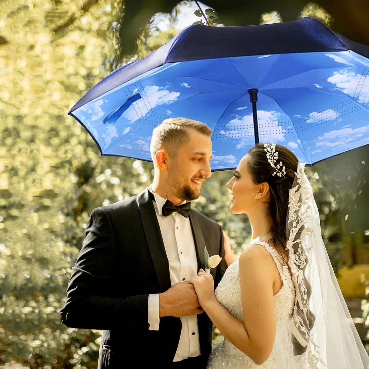 Reverse Umbrella Windproof Double Layer C-Handle Inverted Folding in Cloud Print