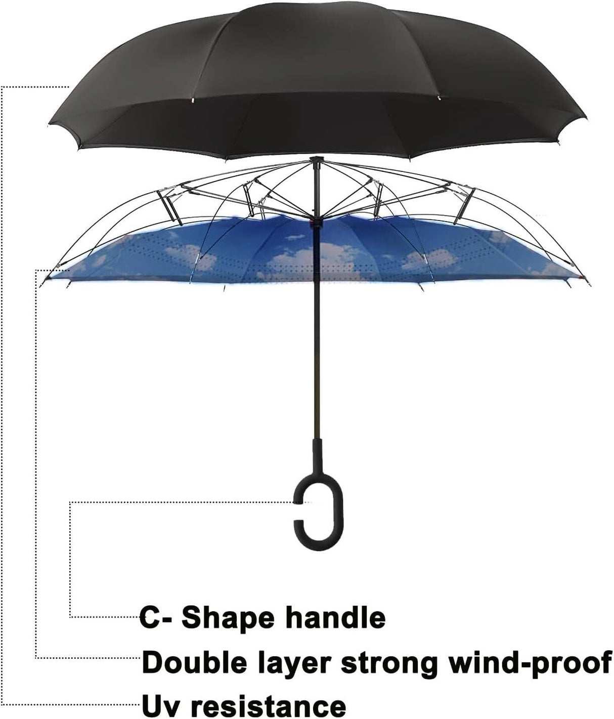 Reverse Umbrella Windproof Double Layer C-Handle Inverted Folding in Cloud Print