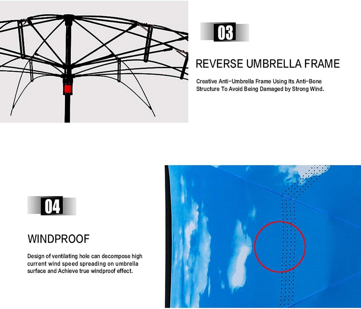 Reverse Umbrella Windproof Double Layer C-Handle Inverted Folding in Cloud Print
