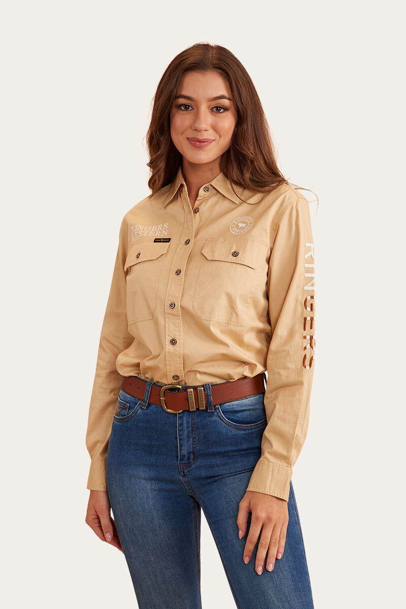 Ringers Western Signature Jillaroo Flag Womens Full Button Work Shirt in Dark Sand/Clay