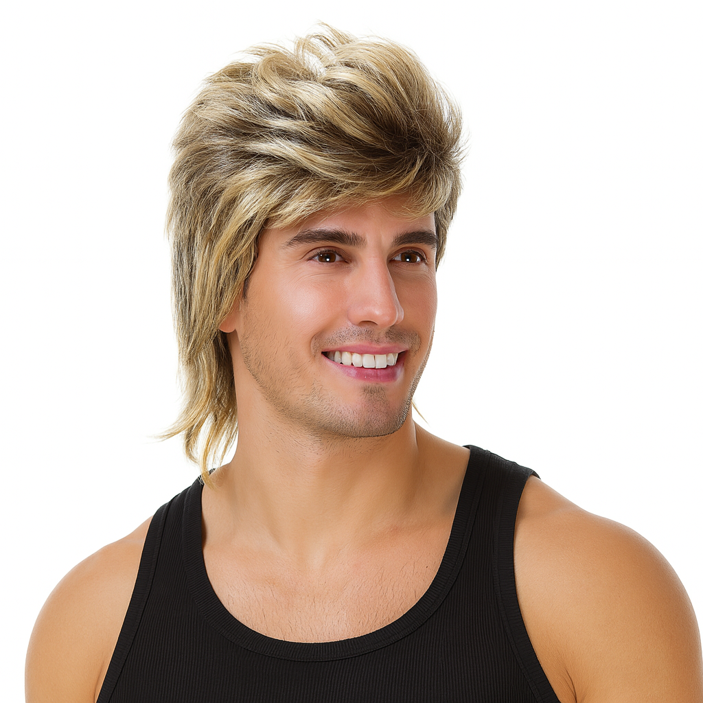 MULLET WIG 80s Fancy Dress Mens Party Costume Rock Bogan Accessory Punk 70s 90s - Blonde