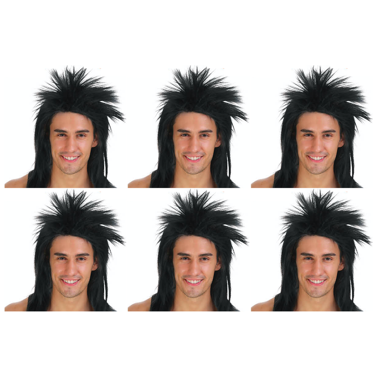 6x Mens Spiky Black Mullet Wig Bulk Pack - Bogan/Punk Rock Costume for 80s Party