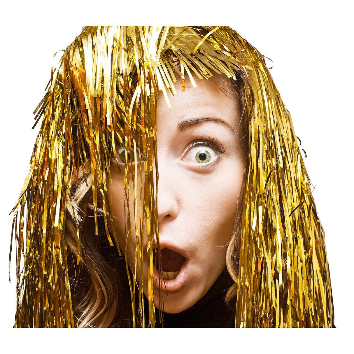 Tinsel Metallic Wig 70s 50s 20s Costume Mens Womens Unisex Disco Fancy Dress Up - Gold/Yellow