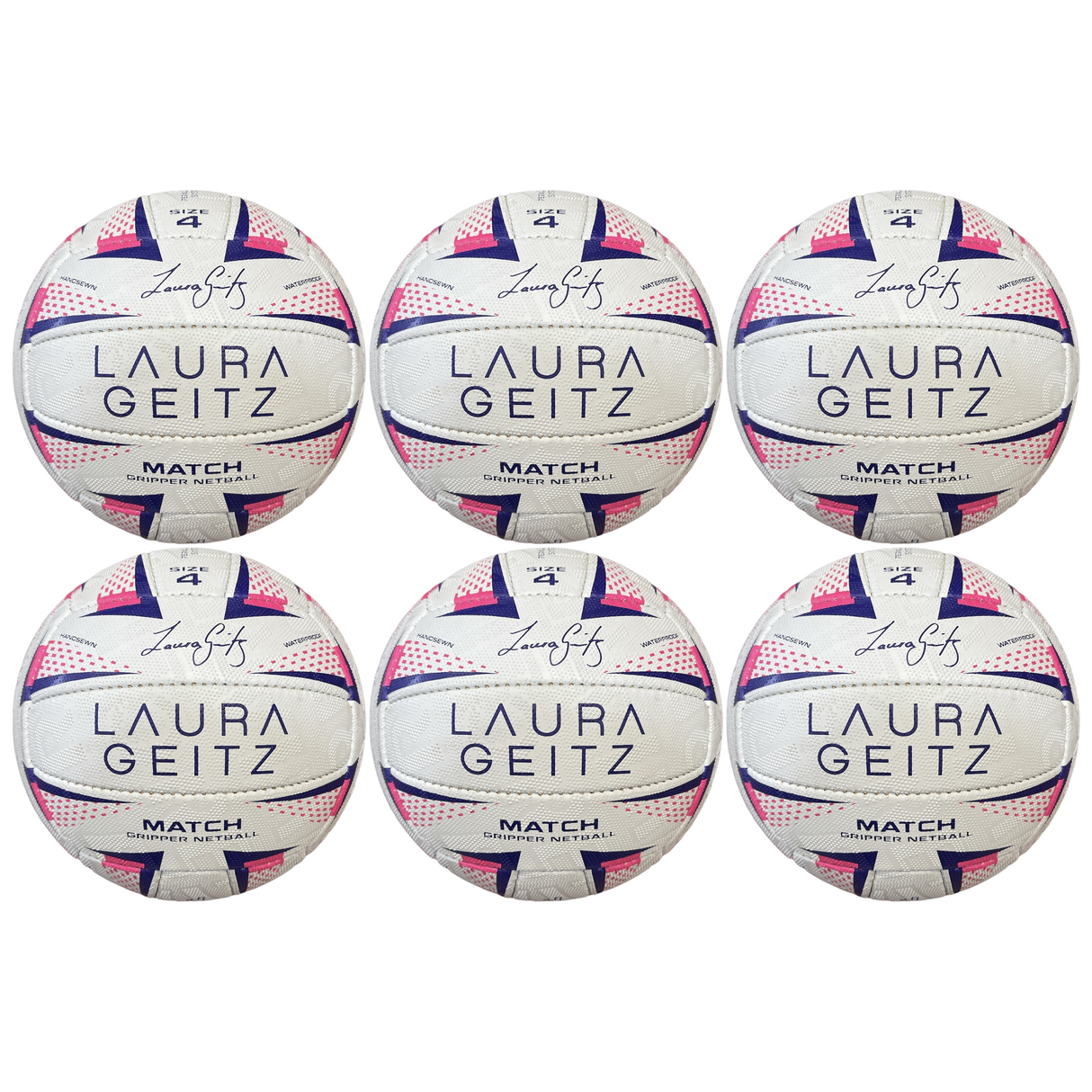 6x Laura Geitz Match Gripper Netball Bulk Pack - Official Size 4 (Hand Sewn & Waterproof)