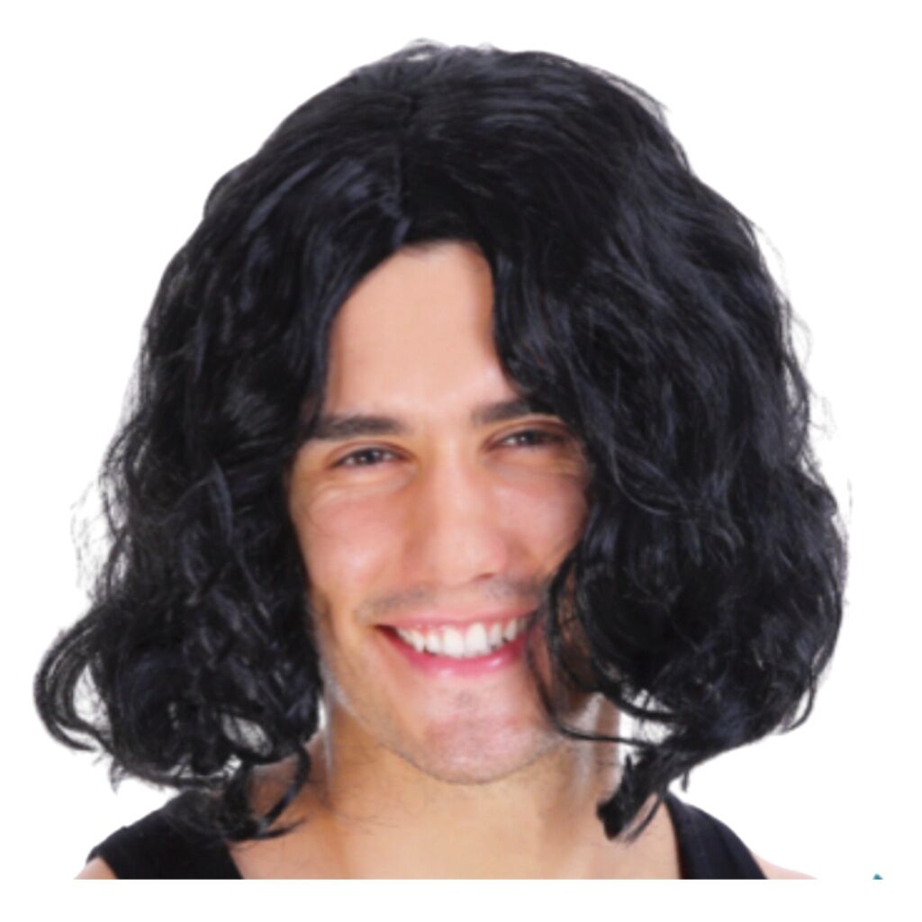 Long Black Curly Wavy Wig - Mens Punk Rock Costume for 60s/70s Party