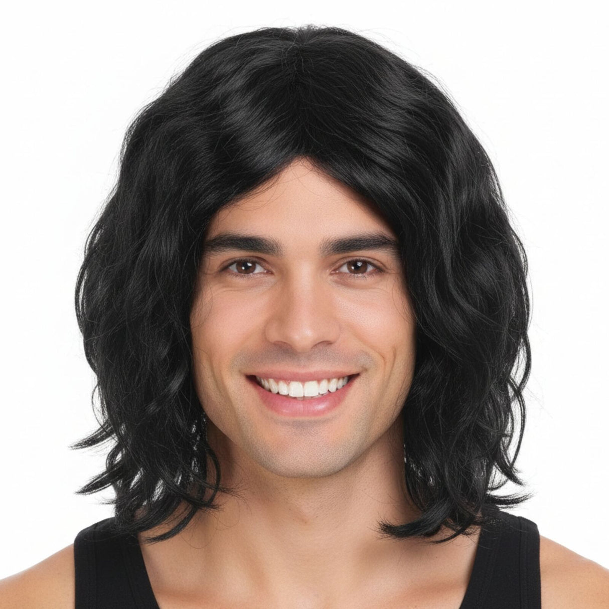 Long Black Curly Wavy Wig - Mens Punk Rock Costume for 60s/70s Party