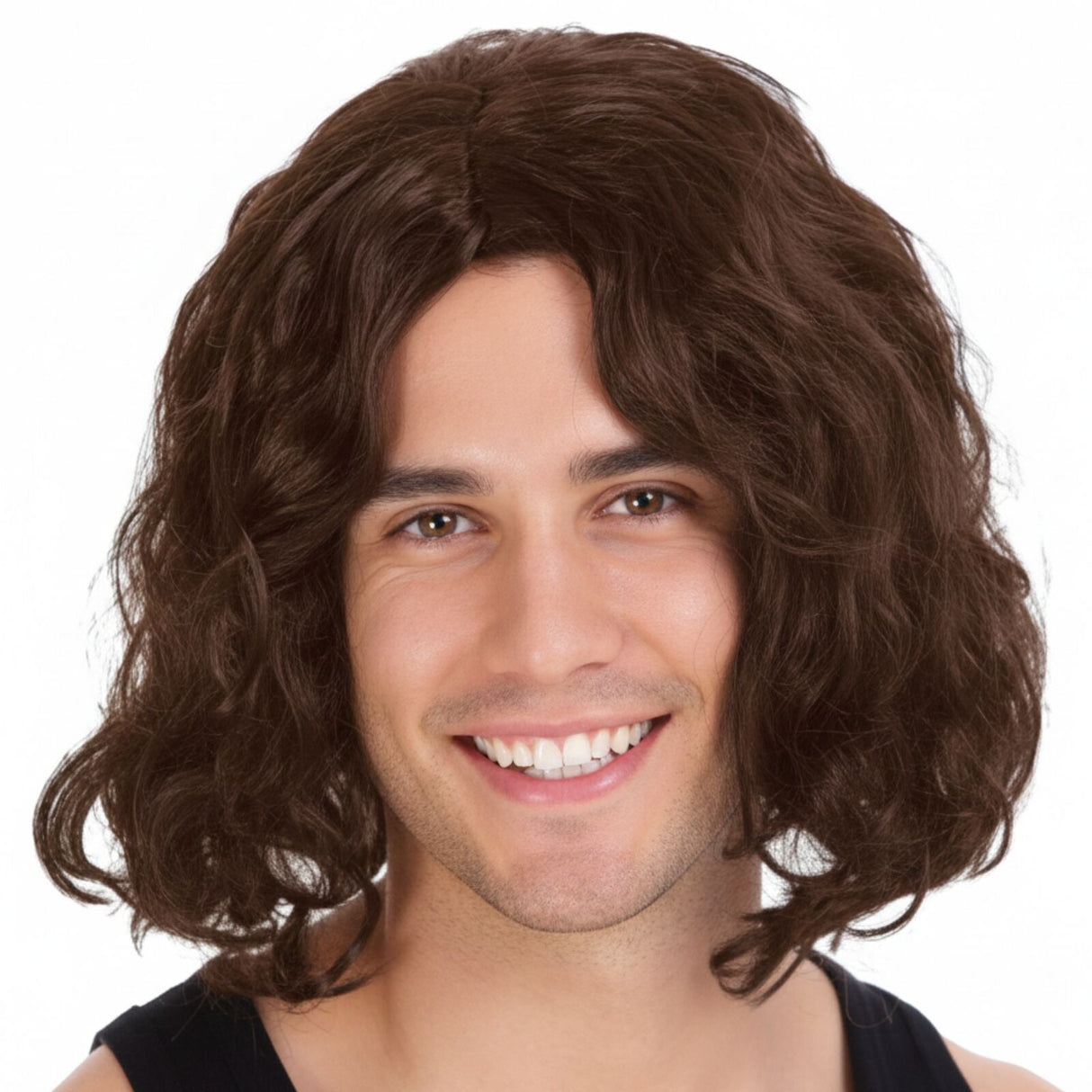 Long Brown Curly Wavy Wig - Mens Punk Rock Costume for 60s/70s Party