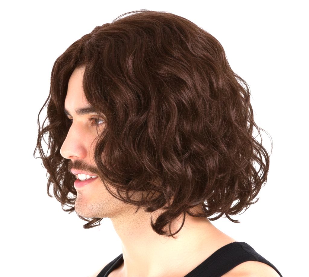 Long Brown Curly Wavy Wig - Mens Punk Rock Costume for 60s/70s Party